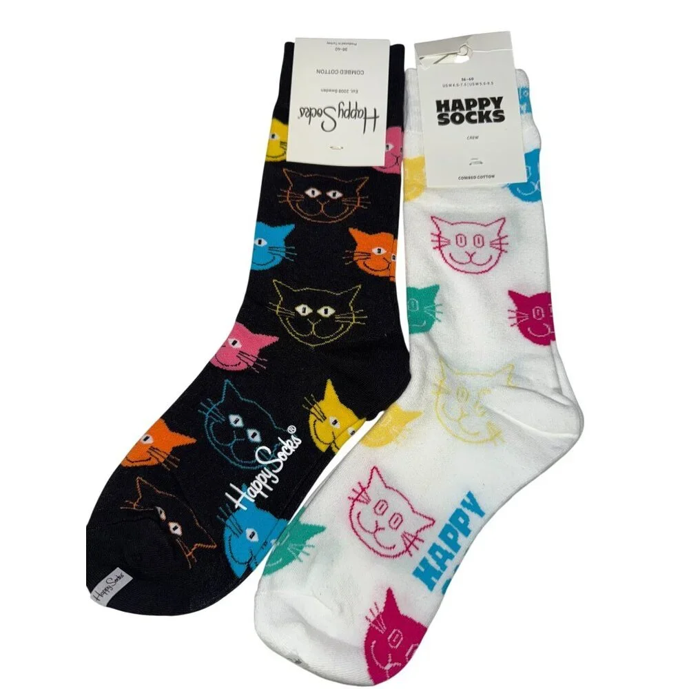 Happy Socks Unisex Kitty Face Graphic Black White Crew Length 2 Pair NEW